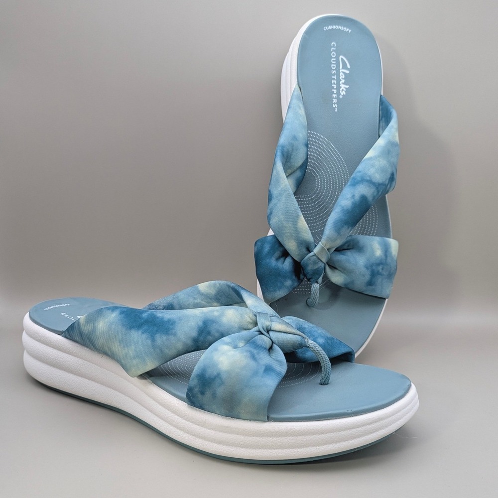 Clarks Womens Cloudsteppers Drift Ave Wedge Thong Sandal Blue White Size 10